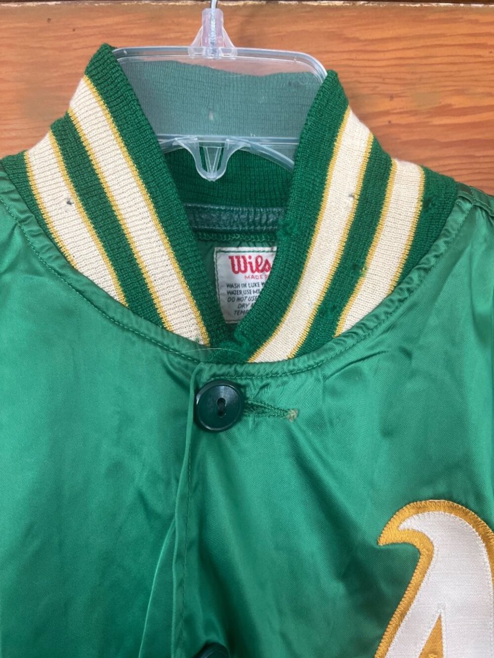 Vintage 1968 Oakland Athletics  Satin Wilson Warmup Jacket 42 Leather Pockets - Picture 2 of 16